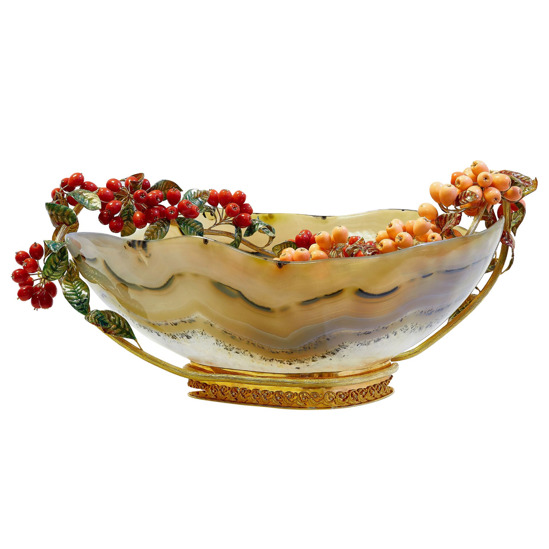 MAGNIFICANT 18-ct GOLD, AGATE, ENAMEL AND CORAL CENTERPIECE