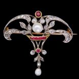 -NO RESERVE- ANTIQUE ART-NOUVEAU DIAMOND RUBY AND PEARL BROOCH