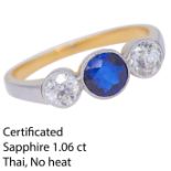 CERTIFICATED SAPPHIRE AND DIAMOND 3-STONE RING