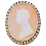 -NO RESERVE- ANTIQUE CARVED SHELL CAMEO AND DIAMOND BROOCH