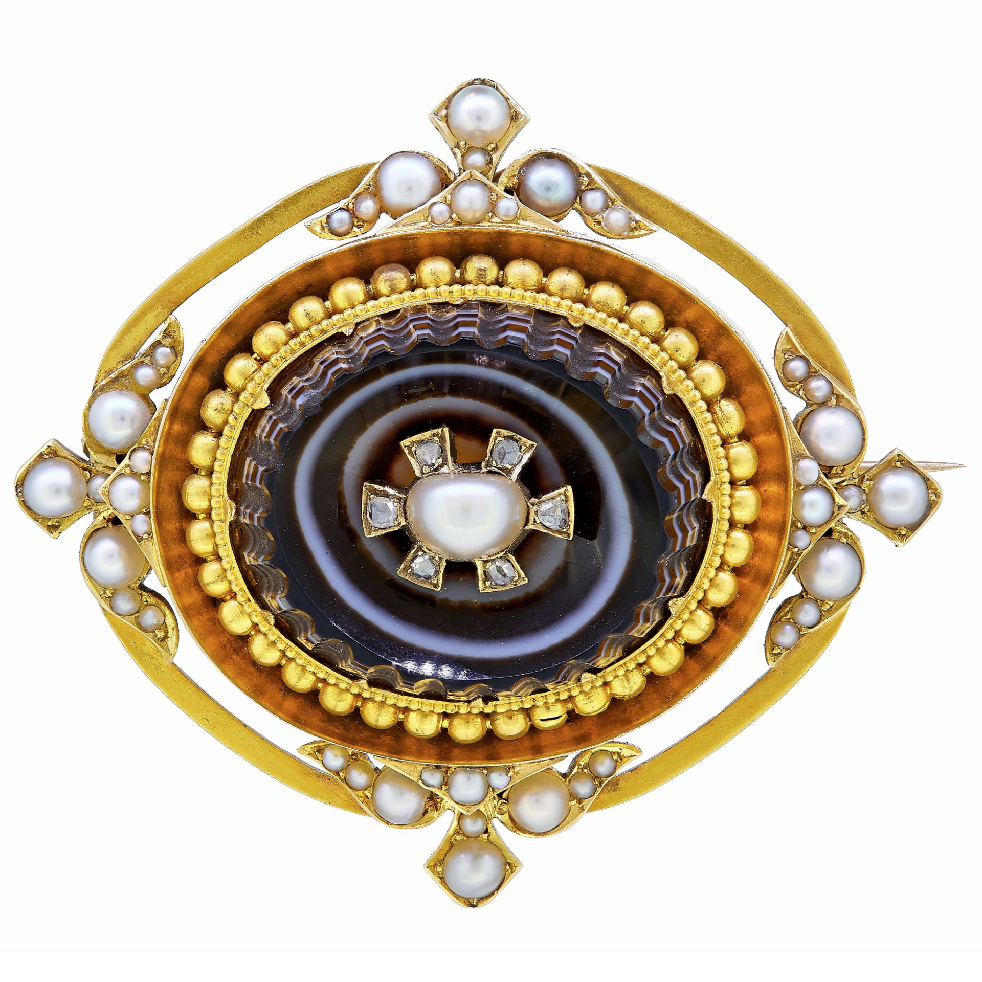 -NO RESERVE- ANTIQUE VICTORIAN PEARL DIAMOND AND BANDED AGATE BROOCH