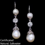 PAIR OF NATURAL SALTWATER PEARL AND DIAMOND DROP EARRINGS