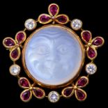 MOONSTONE DIAMOND AND RUBY MAN IN THE MOON BROOCH