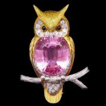 KUNZITE DIAMOND AND ONYX OWL BROOCH