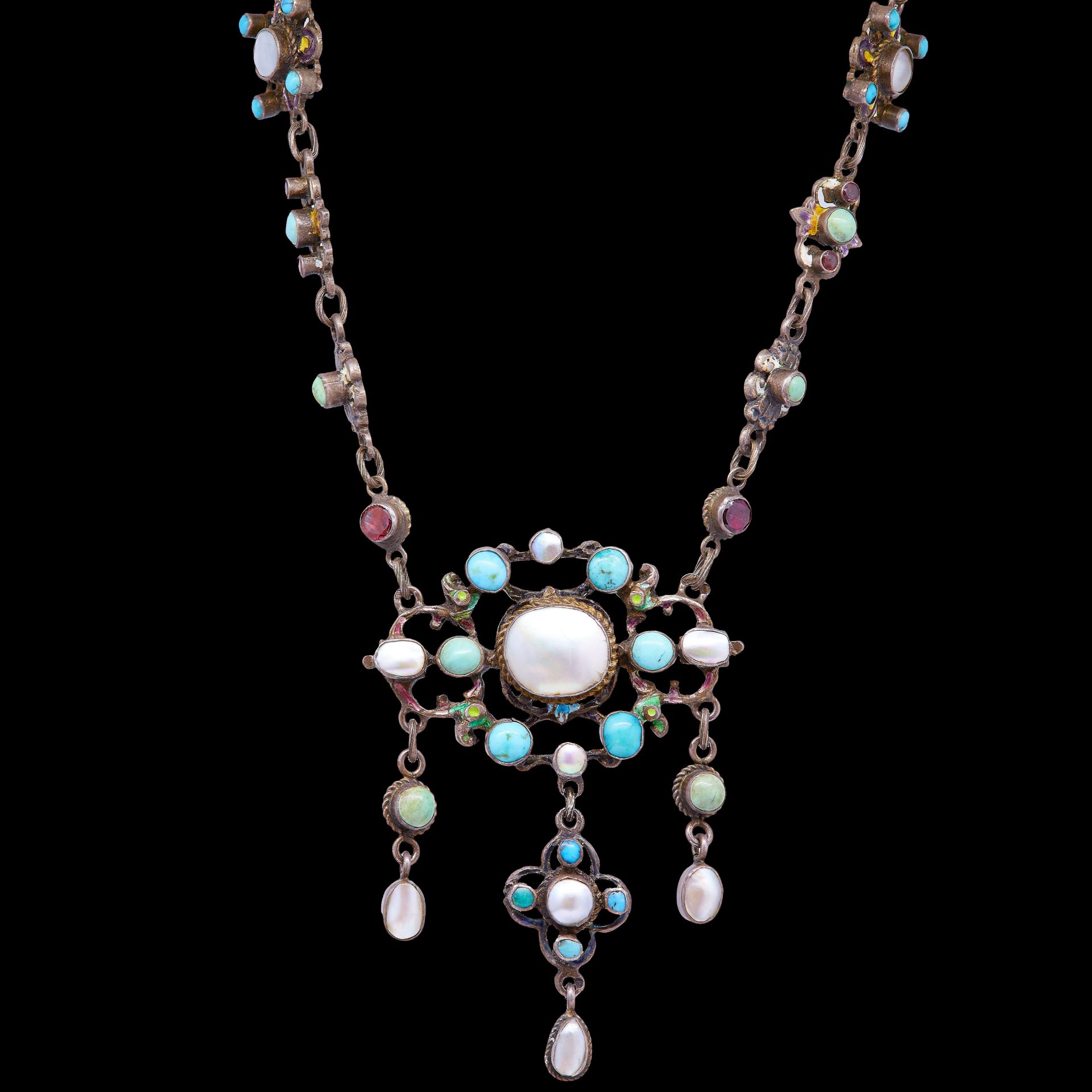 ANTIQUE MOTHER OF PEARL, TURQUOISE, PASTE AND ENAMEL NECKLACE