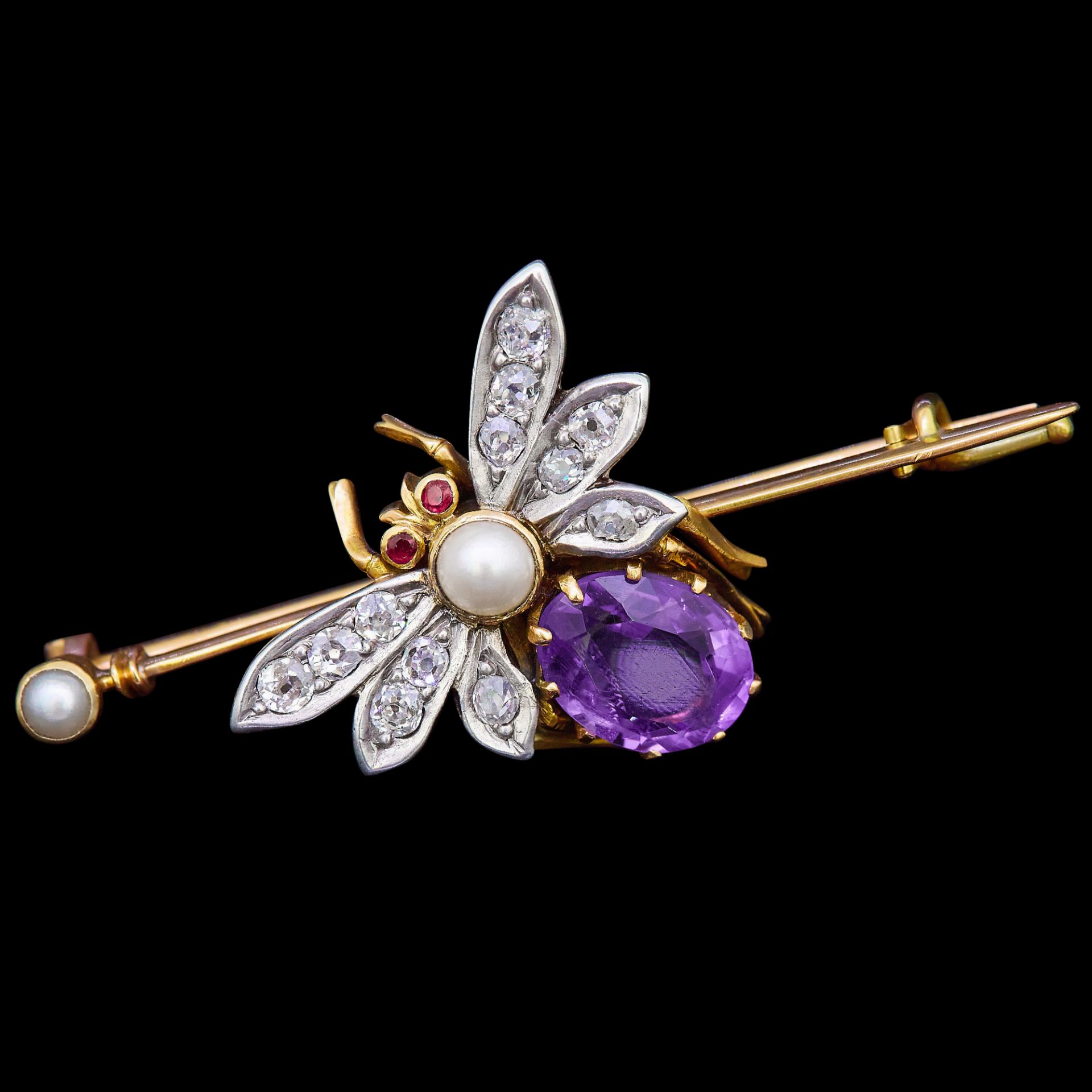 ANTIQUE DIAMOND PEARL AMETHYST FLY BROOCH