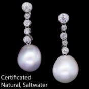 IMPORTANT PAIR OF NATURAL SALTWATER PEARL AND DIAMOND DROP EARRINGS