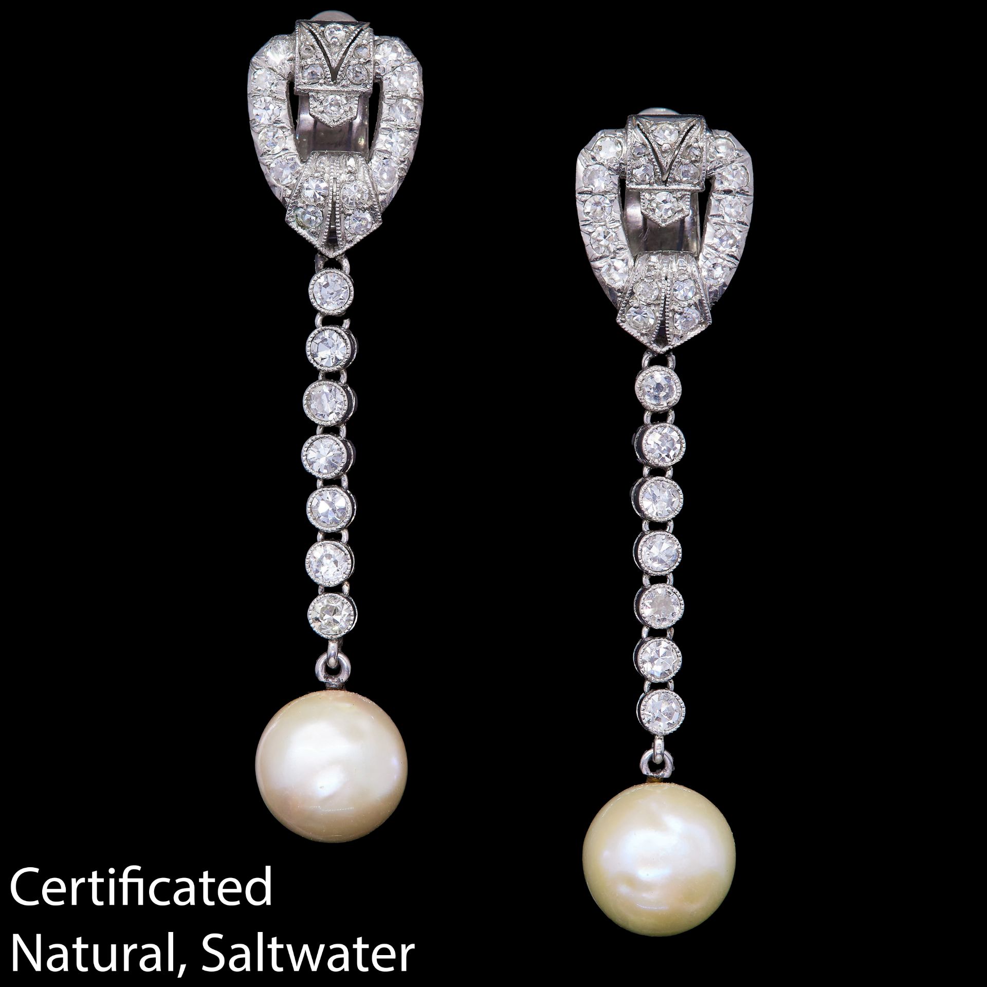 PAIR OF ART-DECO CERTIFICATED NATURAL SALTWATER PEARL AND DIAMOND DROP EARRINGS