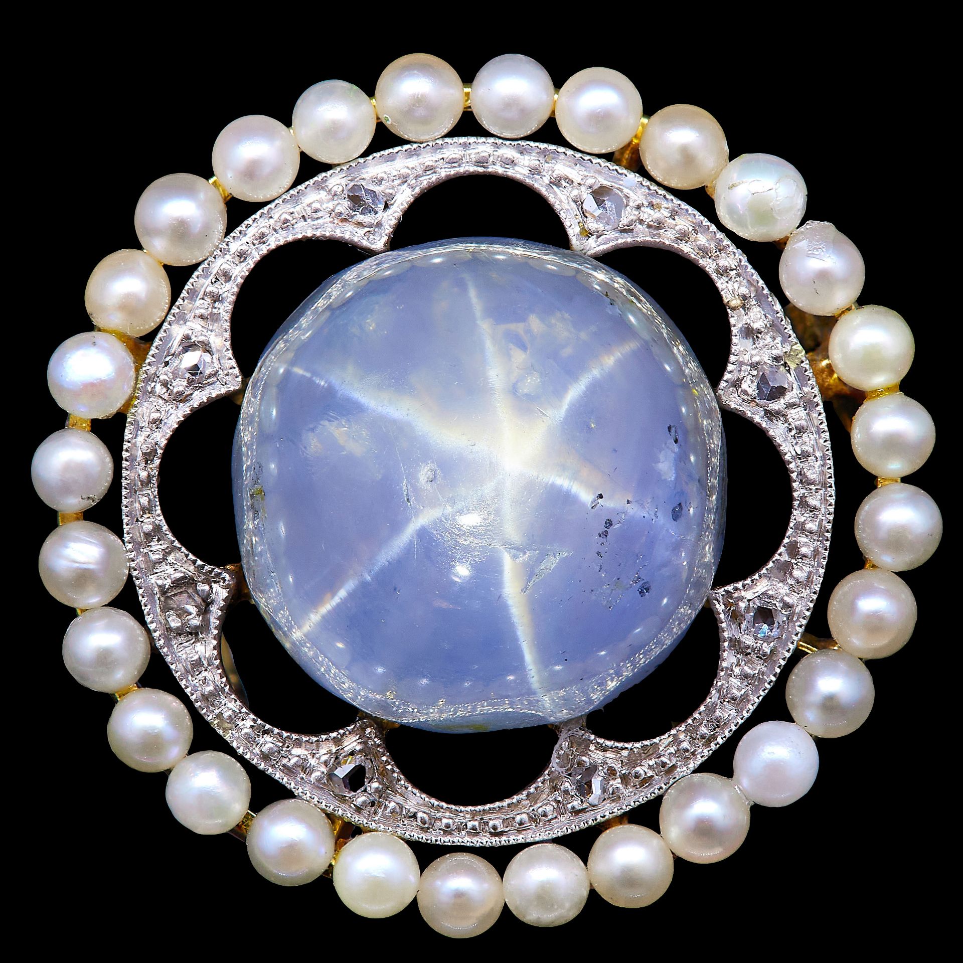 RARE STAR SAPPHIRE PEARL AND DIAMOND BROOCH