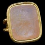 LARGE ANTIQUE INTAGLIO CARVED CALCHEDONY SEAL RING