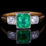 EMERALD AND DIAMOND 3-STONE RING