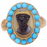 ANTIQUE CARVED BLACKAMOOR CAMEO AND TURQOUSE CLUSTER RING