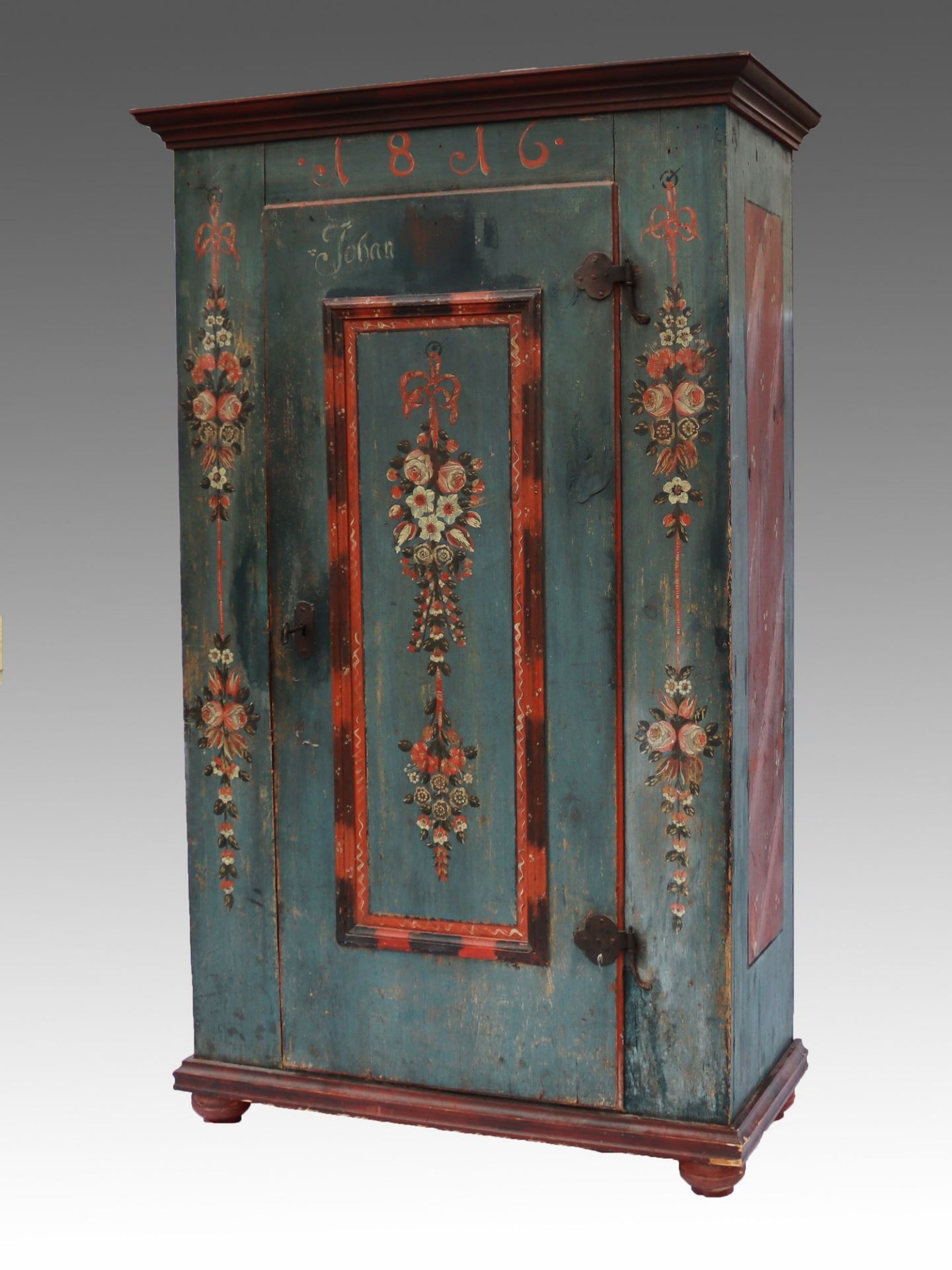 Biedermeier - Bauernschrank dat. 1816, Nadelholz, blaugrundig, polychrome Bemalung, Blumenmalerei