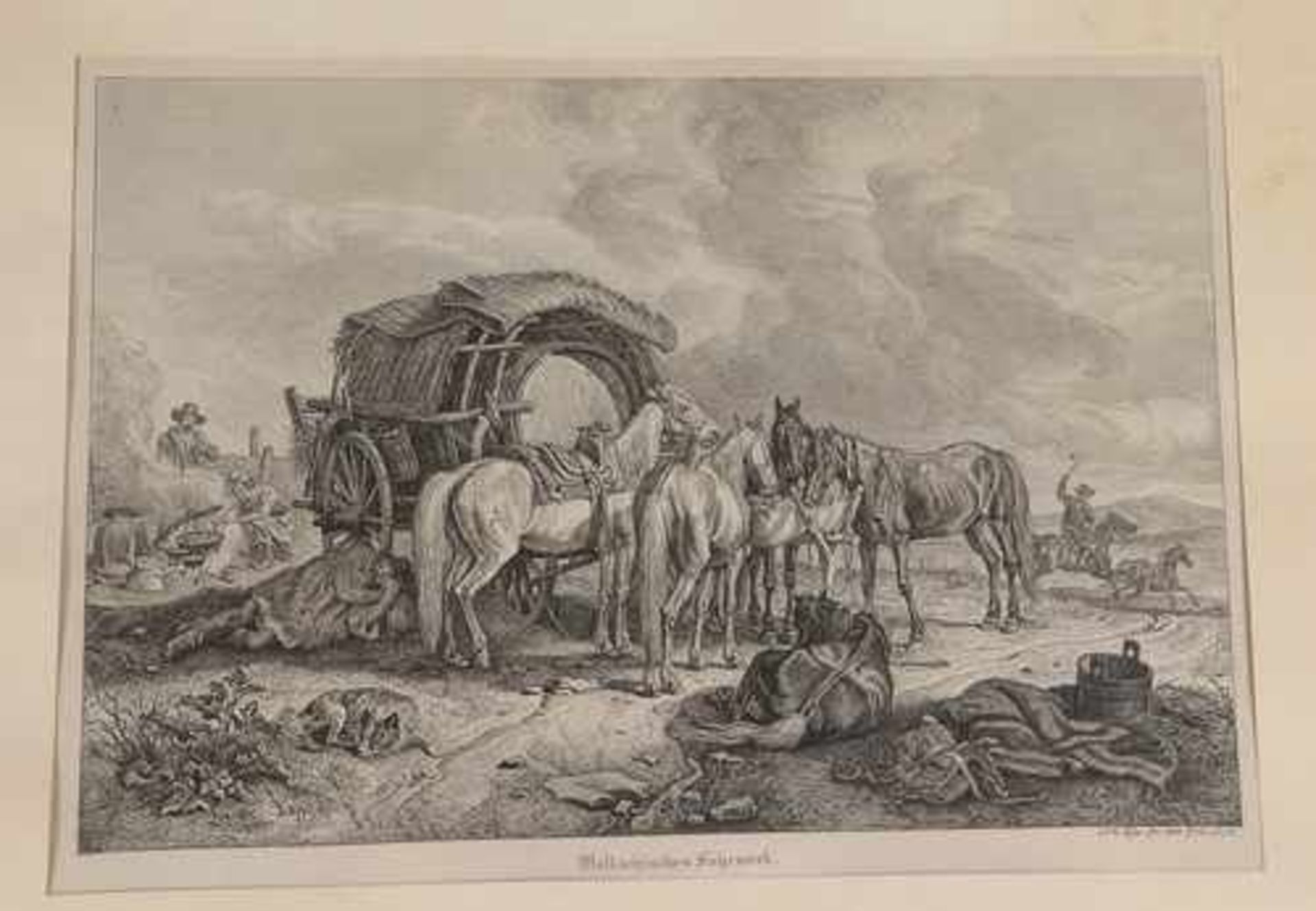 Klein, Johann Adam bez. "Wallachisches Fuhrwerk", rastende Pferde an der Futterstelle vor einem - Bild 2 aus 4