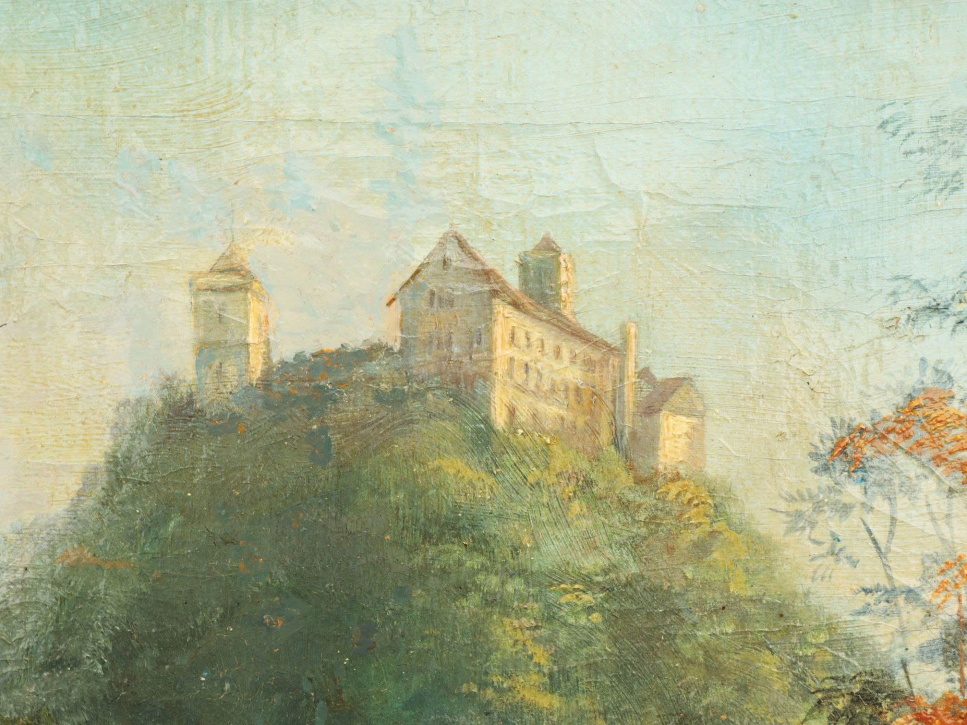 Unsigniert 1. H.19. Jh."Die Wartburg", Öl/Lwd., feine Landschaftsmalerei, akzentuiert gestaltete - Bild 2 aus 3