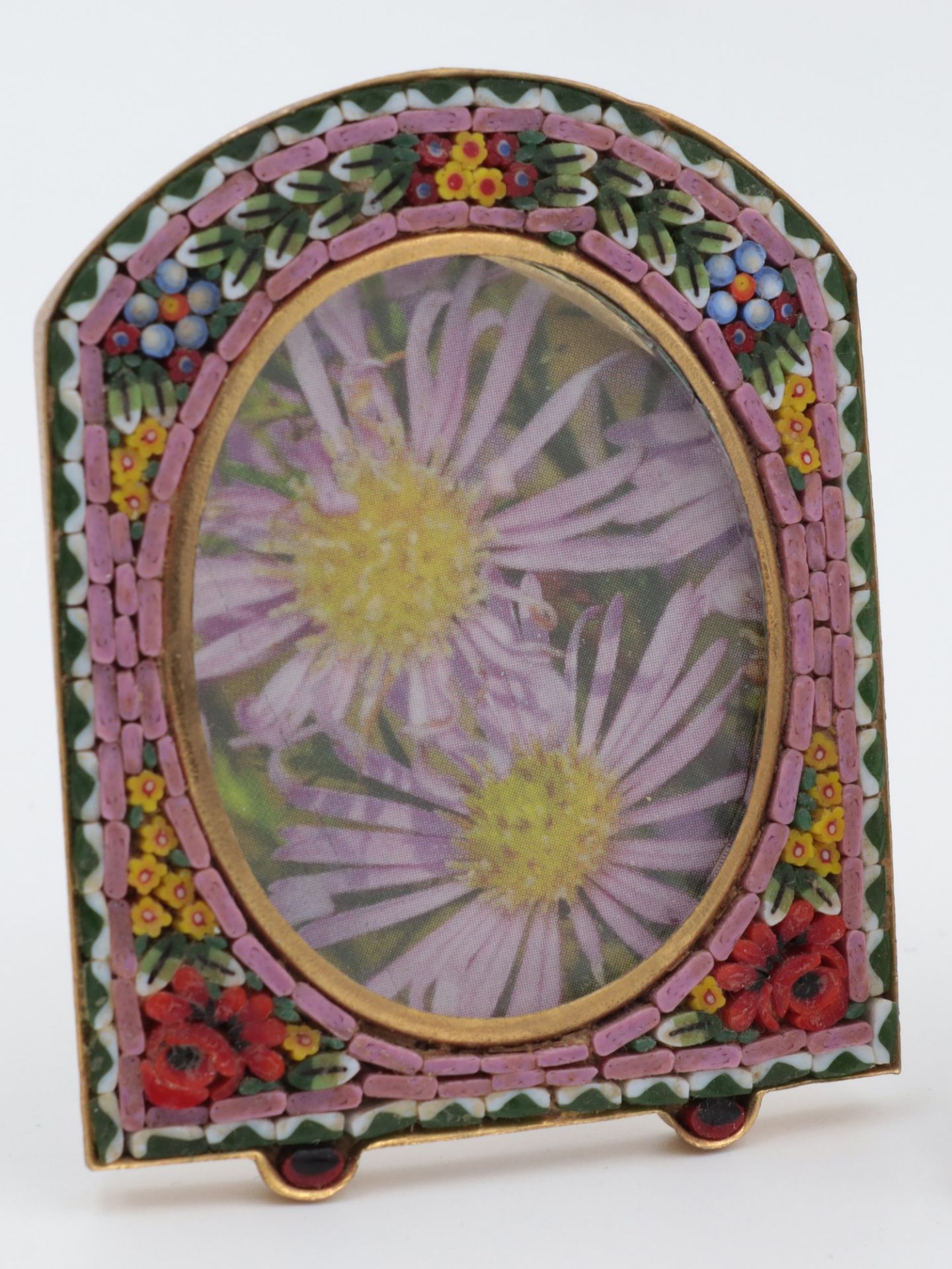 Tischbilderrahmen 3 St., Italien, Mikromosaik, Metall, Glas, florale Motive, ovaler Bildausschnitt, - Image 2 of 5