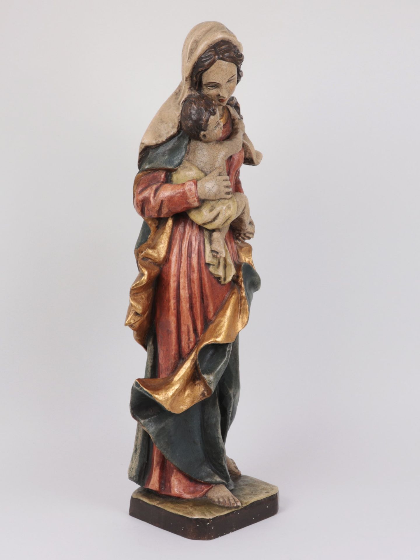 Holzskulptur "Madonna mit Kind", Holz geschnitzt, polychrom und gold gefasst, Barockstil, im - Bild 4 aus 8