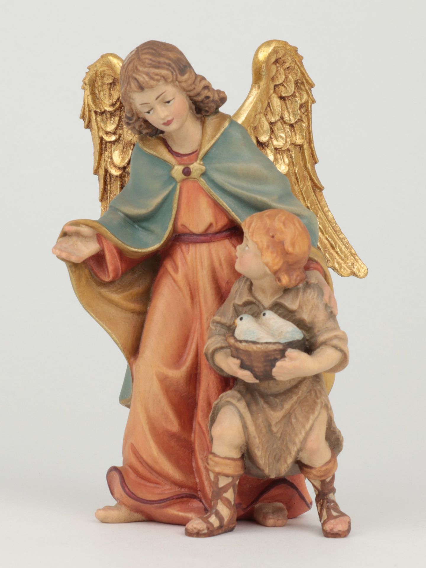 Krippenfigur - Südtirol Ewald Insam, Holz, geschnitzt, farbig bemalt, tlw. vergoldet, Engel mit