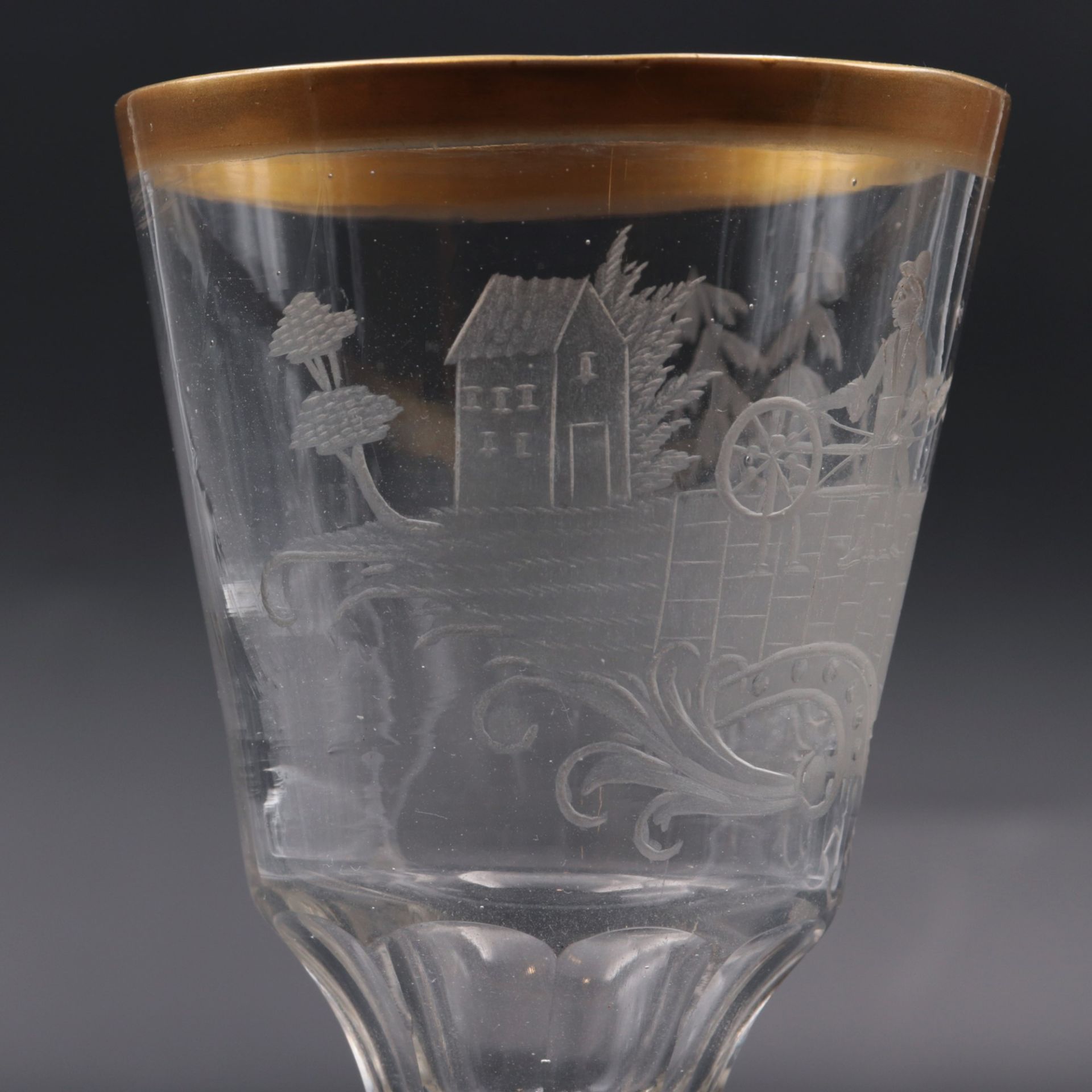 Barockglas 18. Jh., barockes Kelchglas, runder Stand, fac. Schaft, konische Kuppa, unten - Bild 4 aus 6