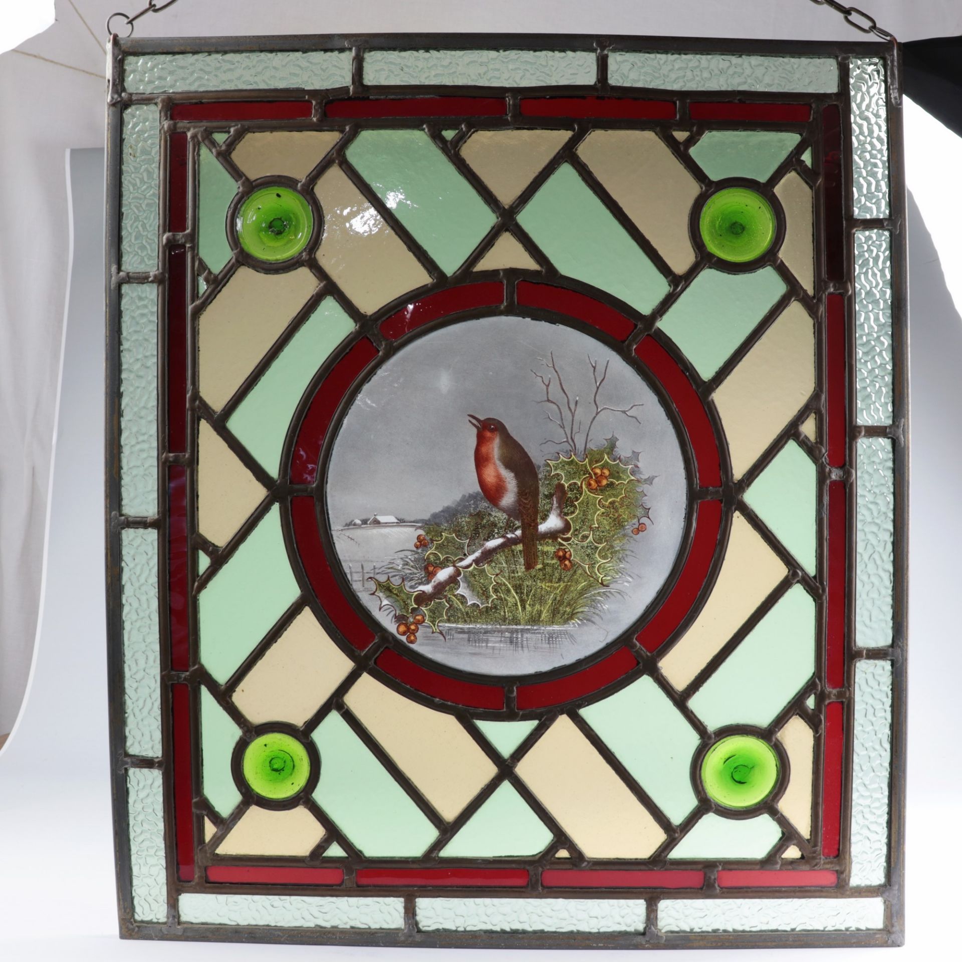 Glasfenster um 1900, farblose u. polychrome Bleiverglasung in rechteckiger Metallrahmung, außen - Image 2 of 4