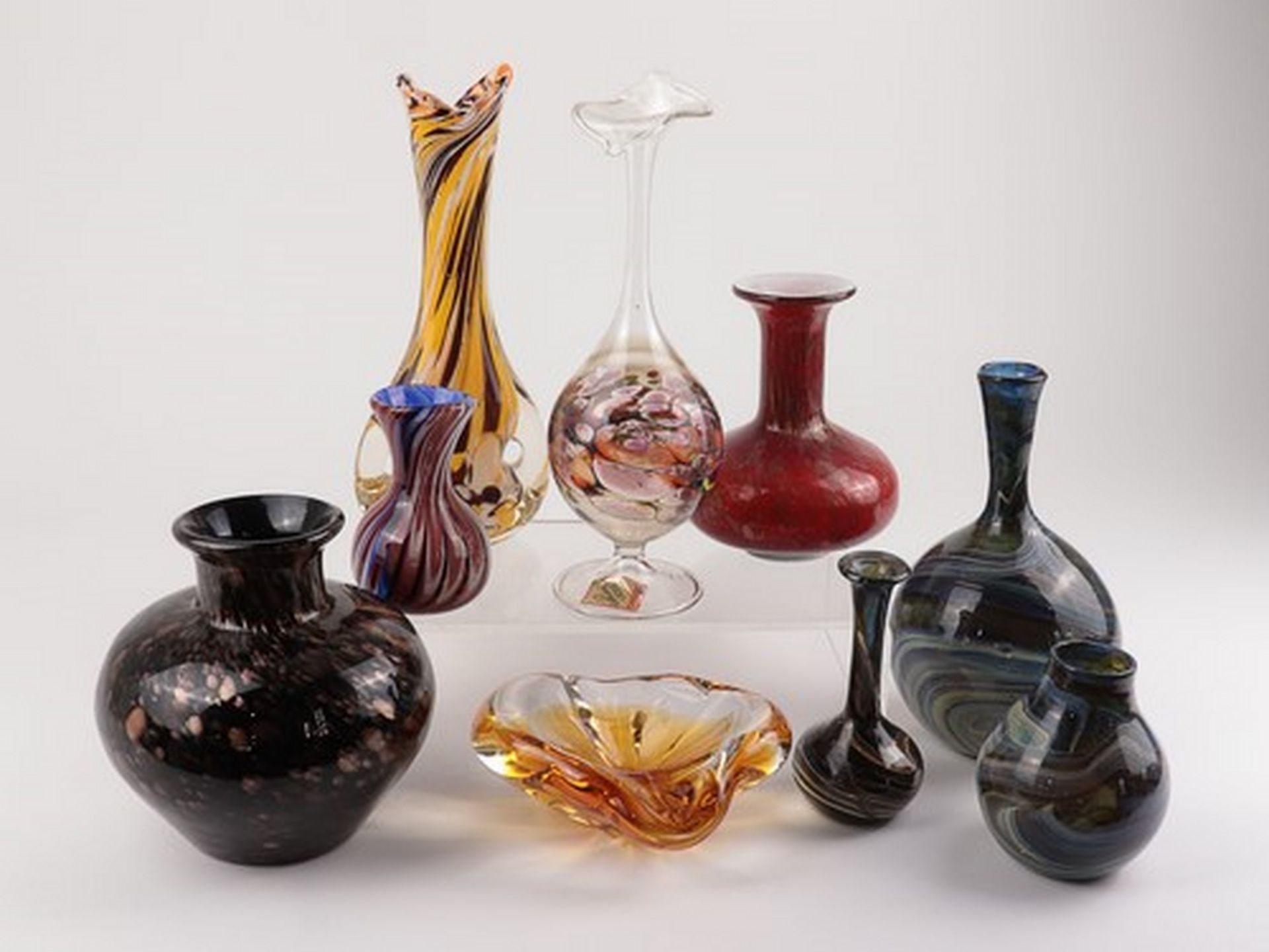Vasen - Konvolut Joska, Bodenmais, Studioglas, 9 St., untersch. Formen u. Größen, farbloses Glas,