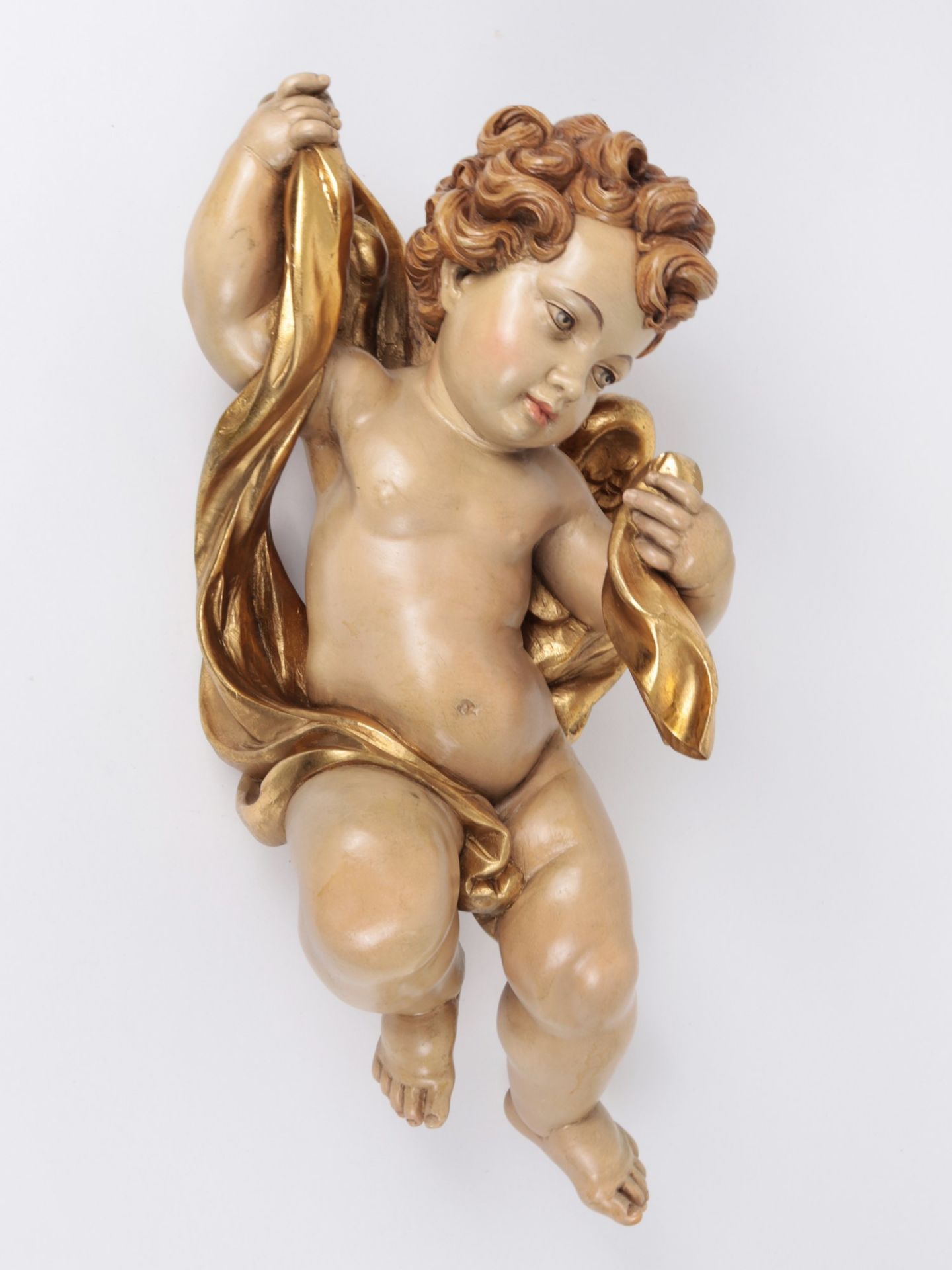 Großer Putto Italien, Südtirol, Anri, Prägemarke, Holz, geschnitzt, farbig u. gold gefasst, - Bild 2 aus 4