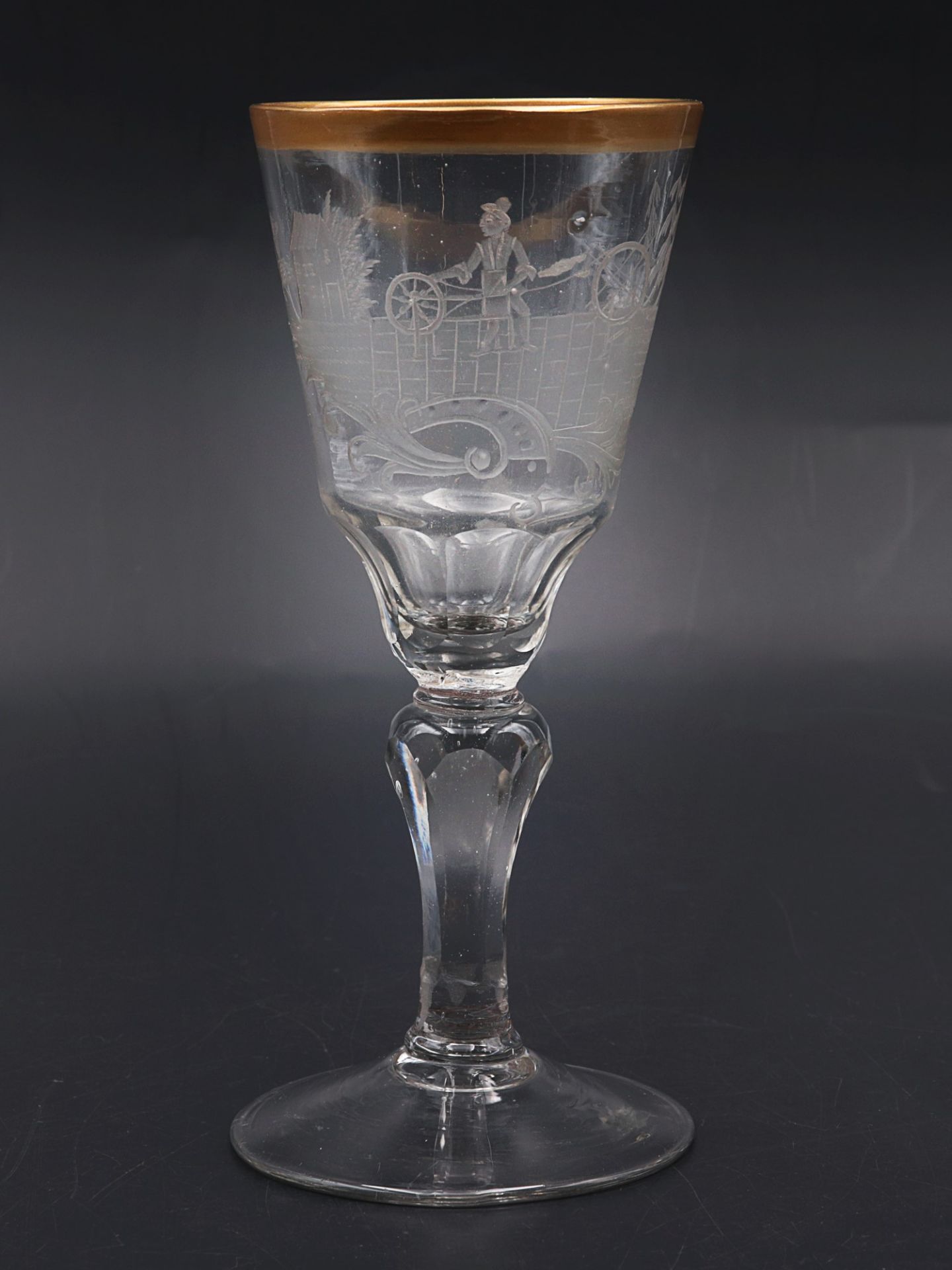 Barockglas 18. Jh., barockes Kelchglas, runder Stand, fac. Schaft, konische Kuppa, unten