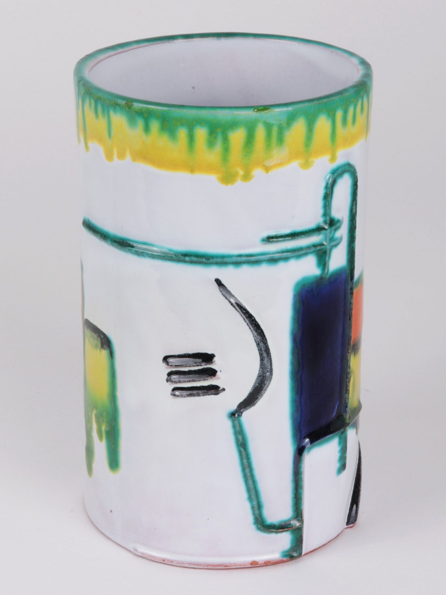 Vase um 1925/30, Art-déco, umgem., Keramik, roter Scherben, ungem., zylindrischer Korpus, - Bild 3 aus 5