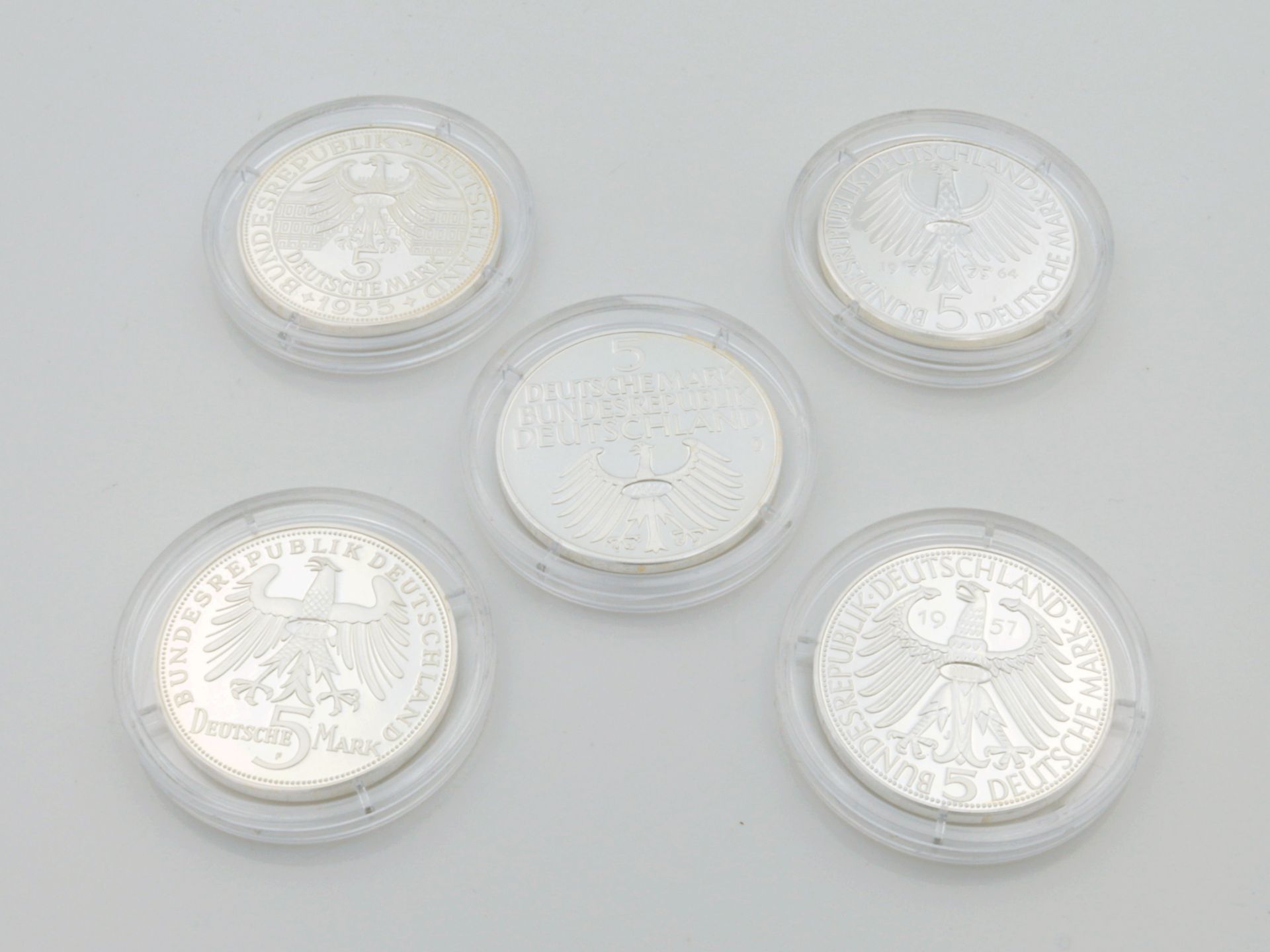Deutsche Mark 5 Silbermünzen, Nachprägungen 2002, 1x Germanisches Museum, Eigenthum der dt. Nation, - Bild 2 aus 2