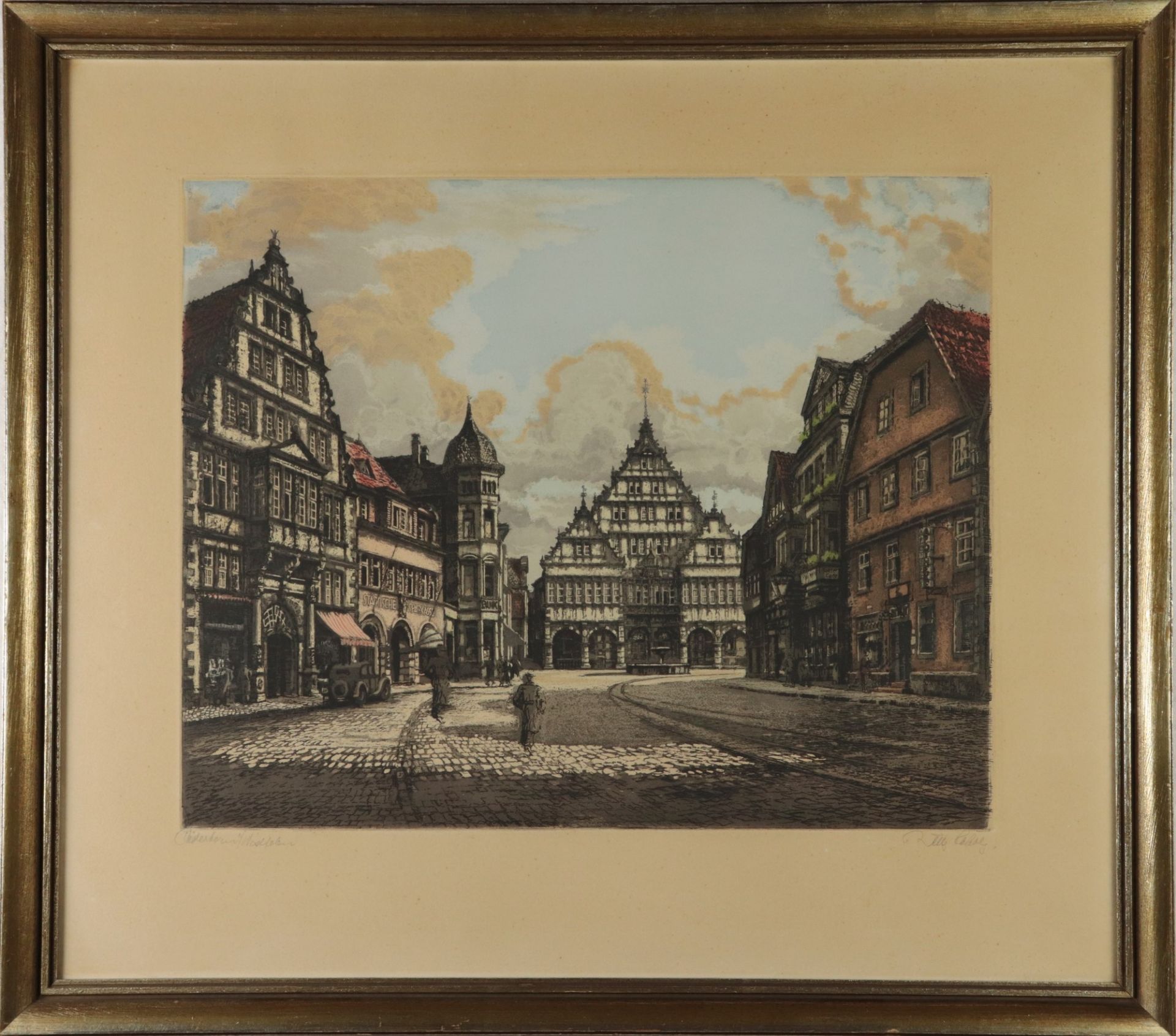 Paderborn - Rathaus Altstadtgasse mit Blick auf das alte Rathaus in Parderborn, Radierung,