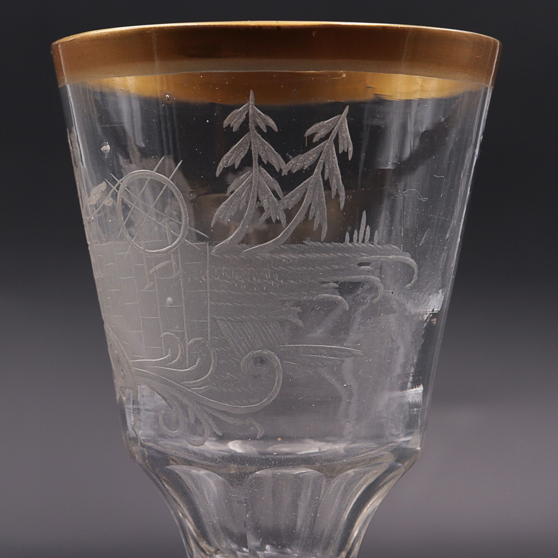 Barockglas 18. Jh., barockes Kelchglas, runder Stand, fac. Schaft, konische Kuppa, unten - Bild 3 aus 6