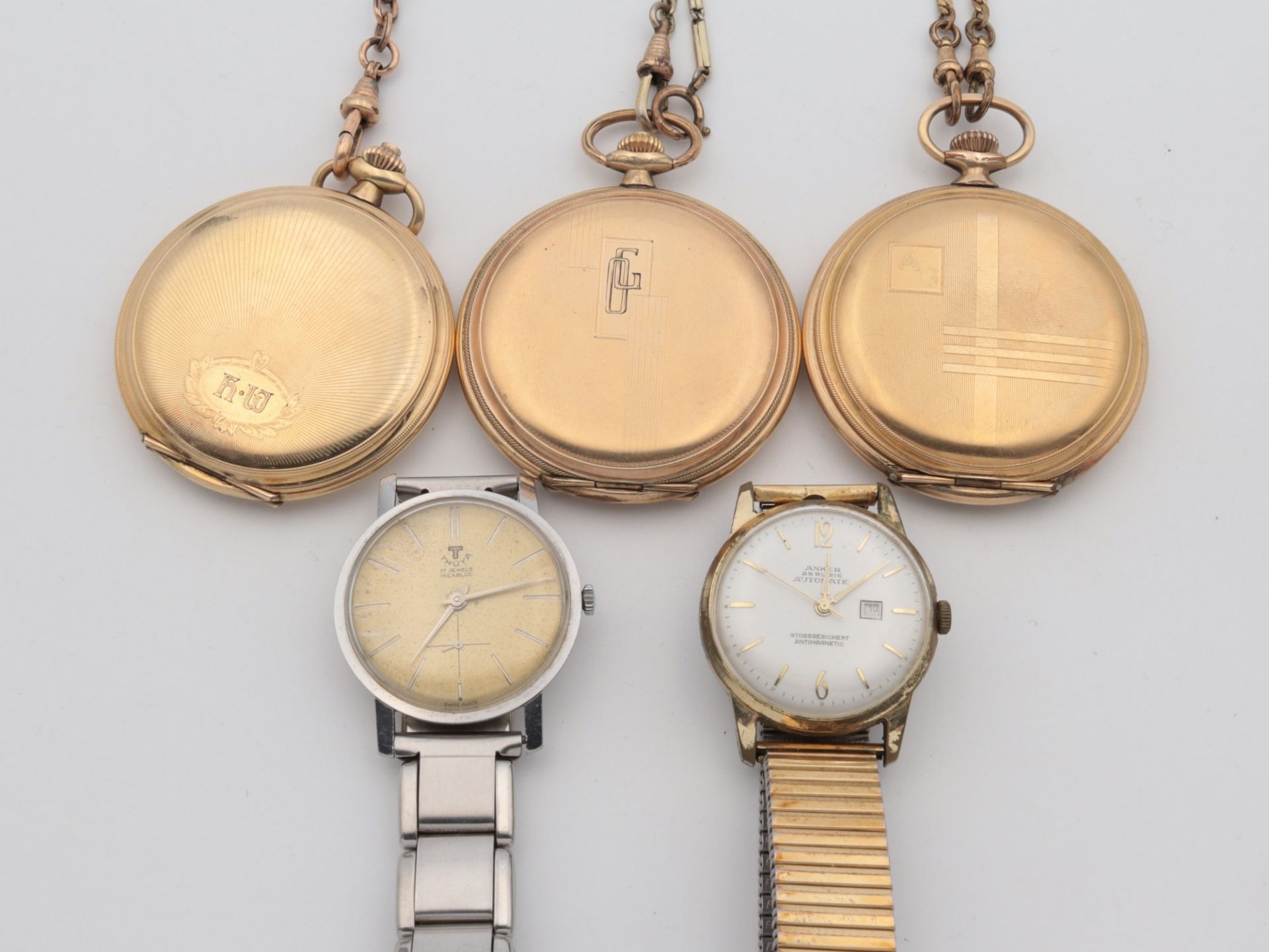 Konvolut 5 St., 3 Taschenuhren , 2 davon Favor, alle 3 an Uhrenketten, 1x mit Etui, 2 - Bild 3 aus 4