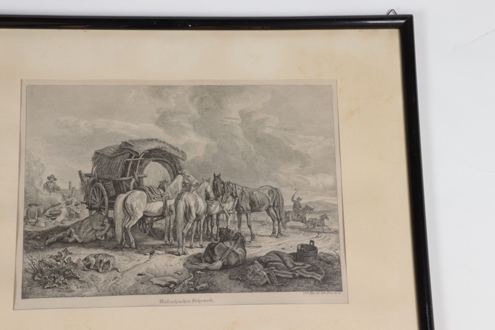 Klein, Johann Adam bez. "Wallachisches Fuhrwerk", rastende Pferde an der Futterstelle vor einem - Bild 4 aus 4