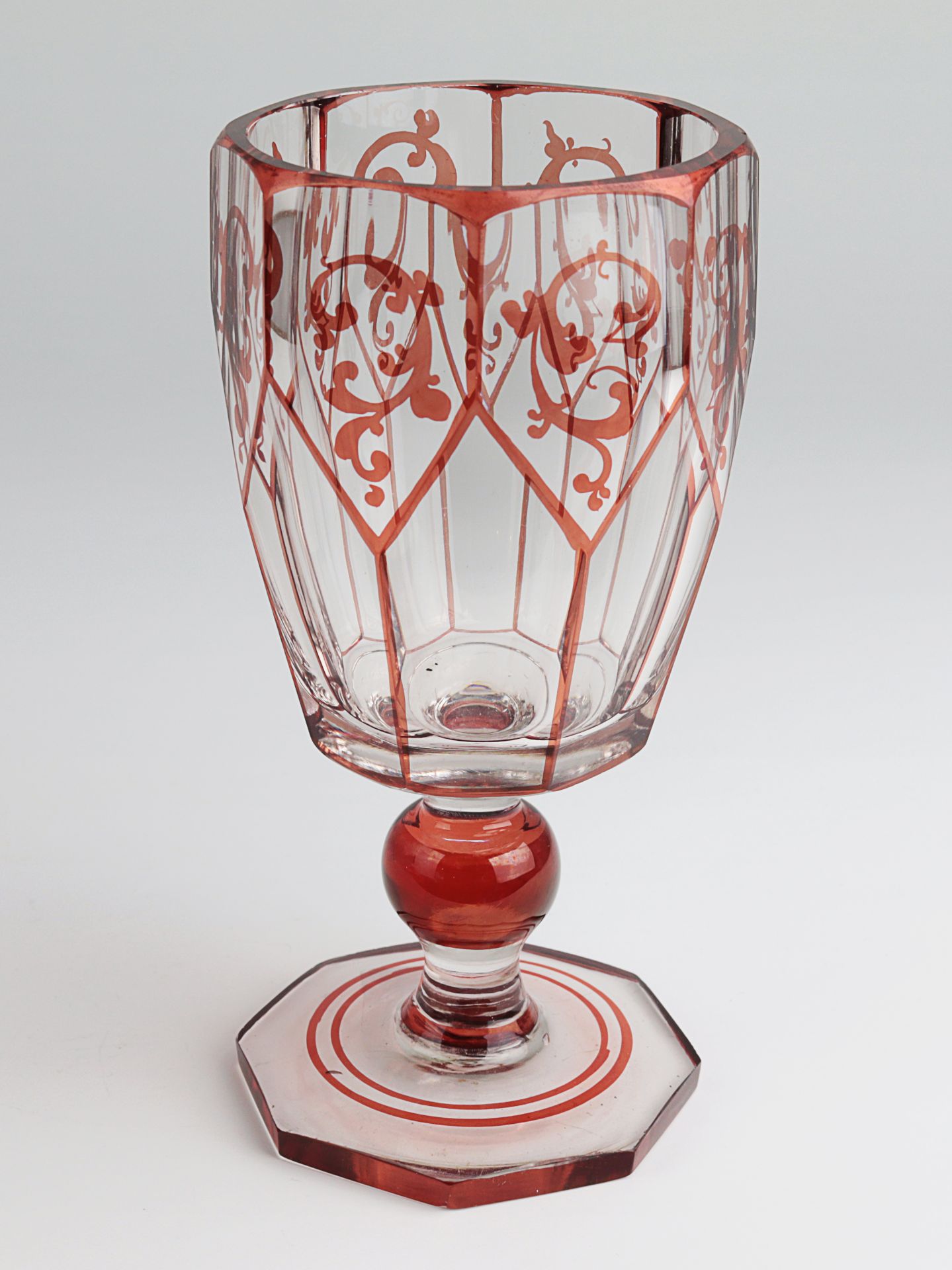 Fußbecher um 1900, farbloses dickw. Glas, oktogonaler Stand, dünner Schaft m. Kugelnodus, hoher,