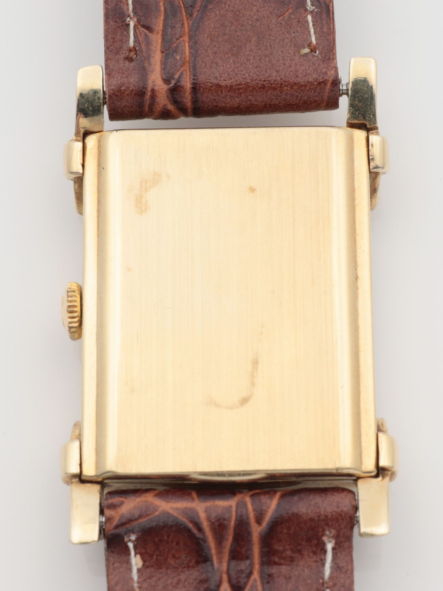 Omega - Herrenarmbanduhr um 1930, GG 585, rechteckiges Gehäuse, ca.2,7 x 2,2cm, goldfarbenes - Bild 4 aus 6