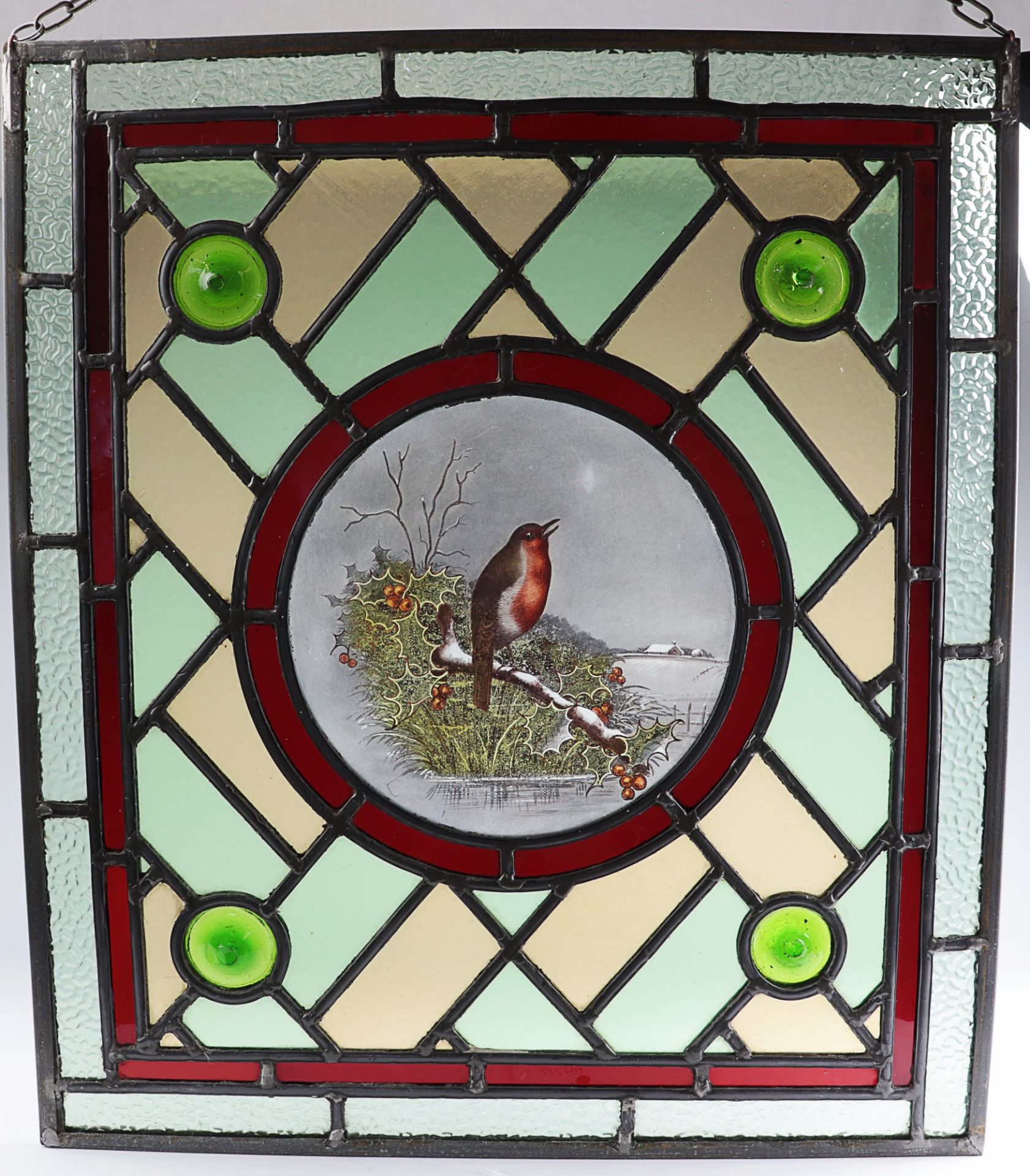 Glasfenster um 1900, farblose u. polychrome Bleiverglasung in rechteckiger Metallrahmung, außen