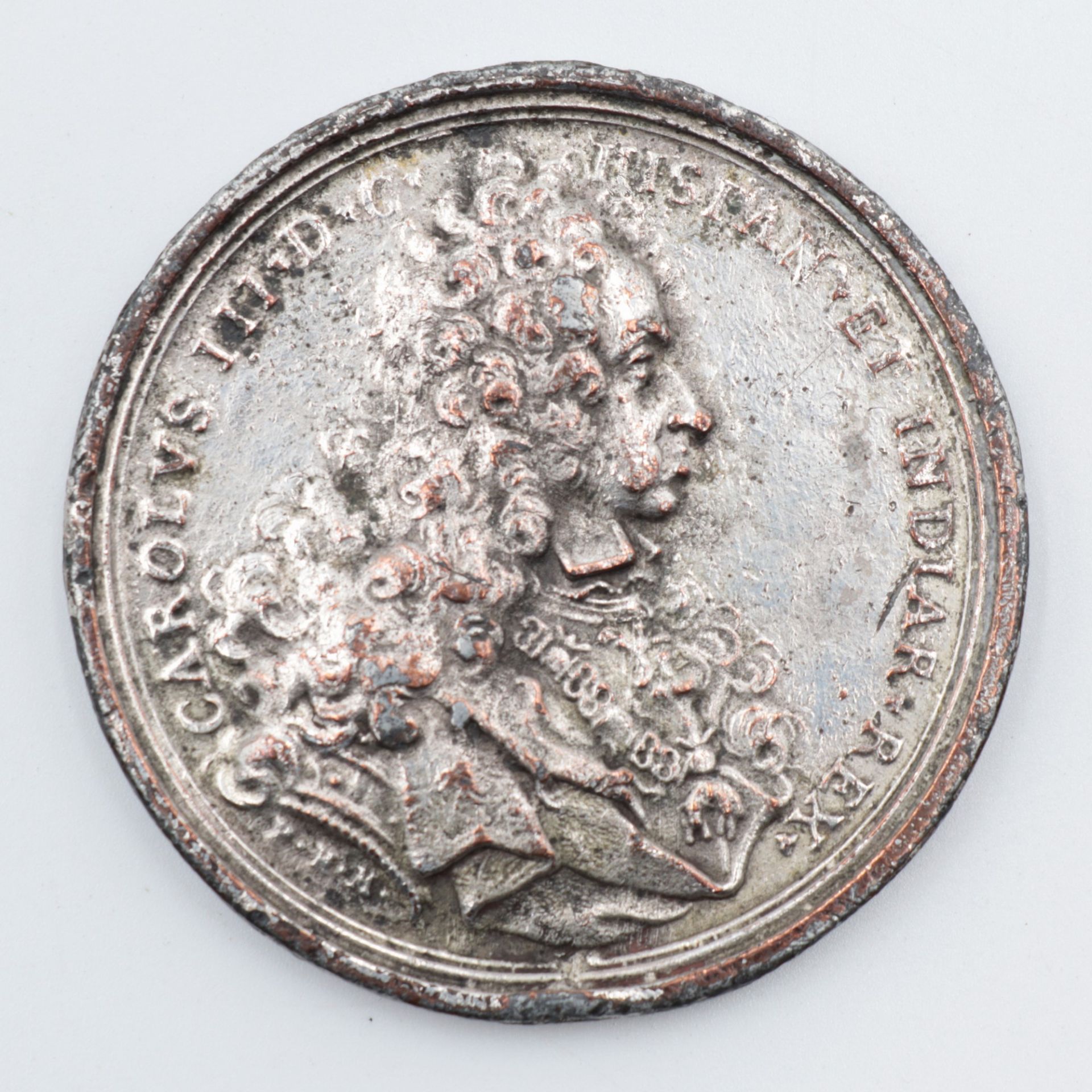 Medaille Spanien, Kupfer, versilbert, Avers: Kopfbild Karl III. v. Spanien u. Indien, Schriftzug: "