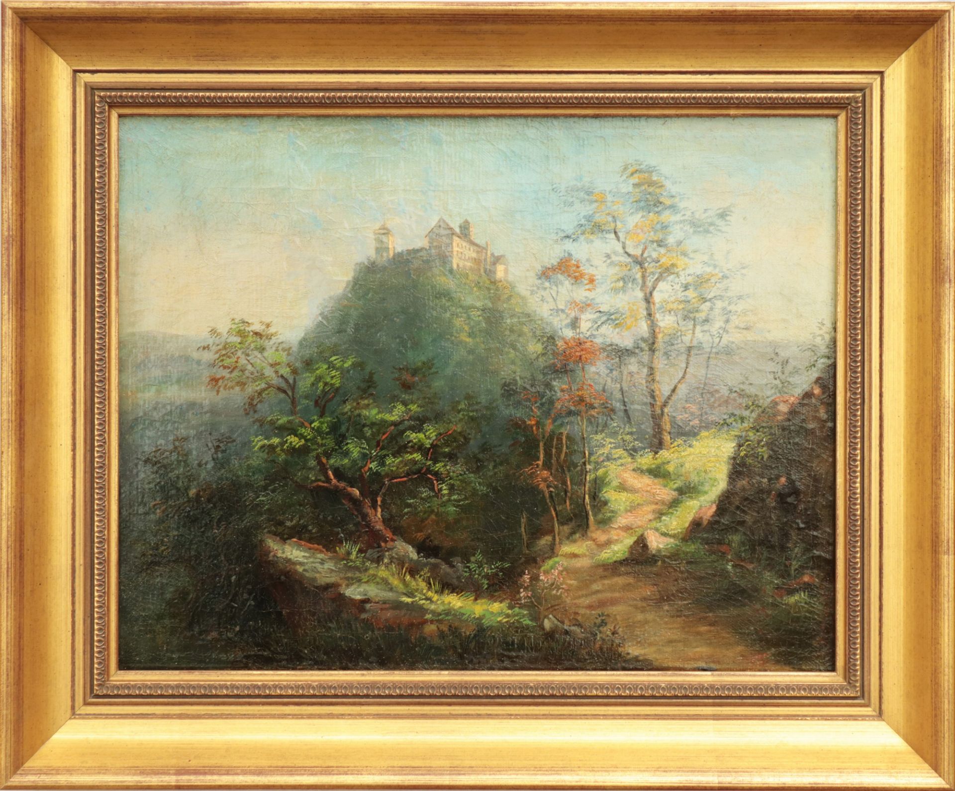 Unsigniert 1. H.19. Jh."Die Wartburg", Öl/Lwd., feine Landschaftsmalerei, akzentuiert gestaltete