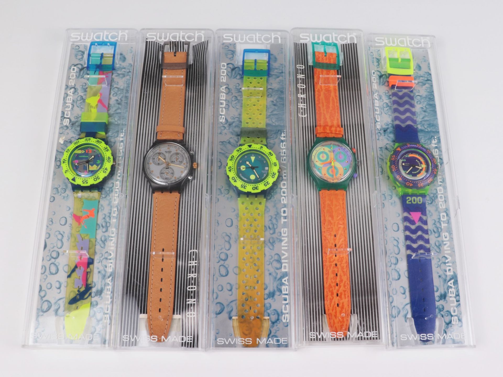 Swatch - Armbanduhren 5 St, Schweiz, versch. Ausführungen, Fkt. ungepr., im OK