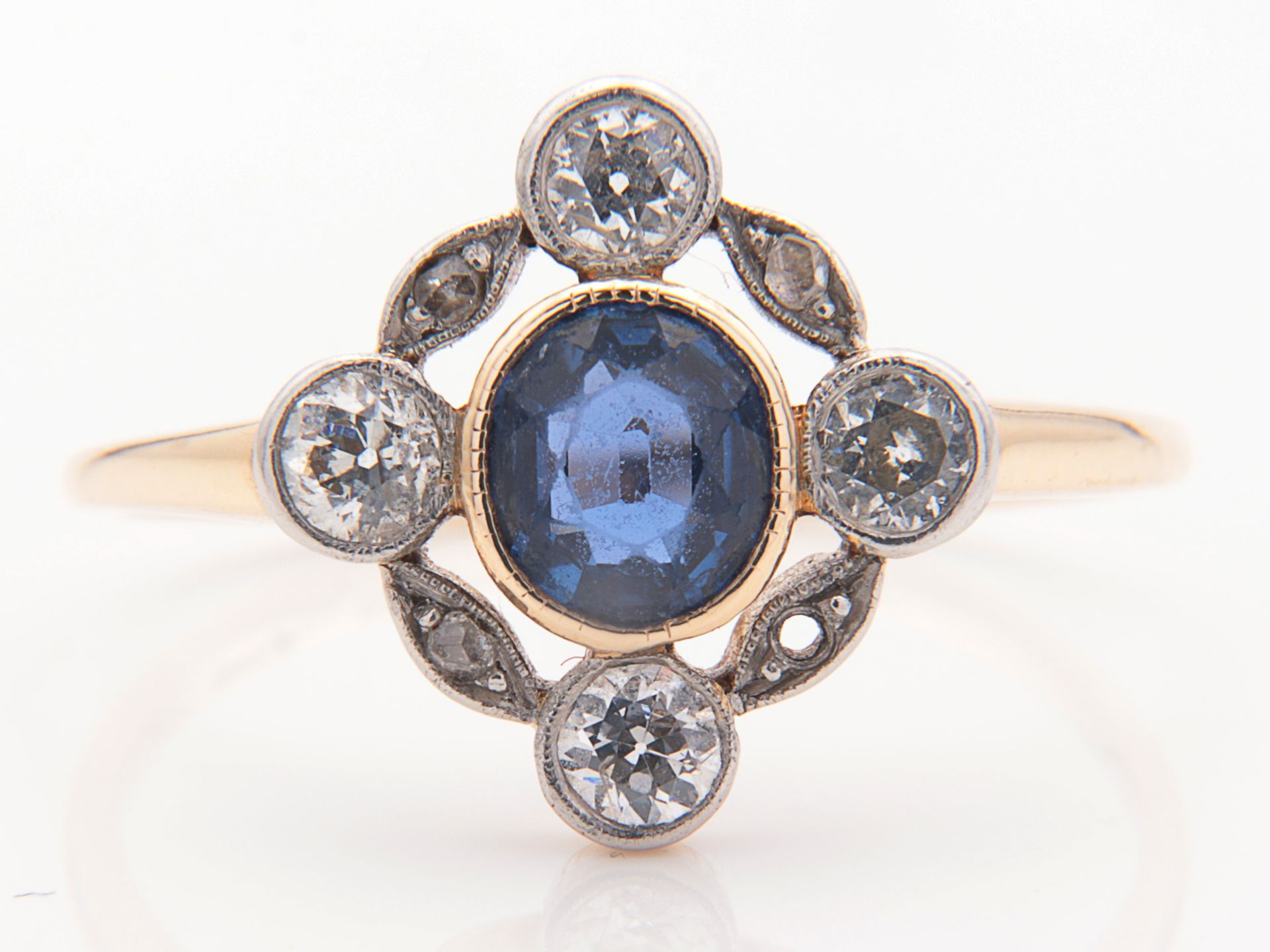 Diamant/Saphir – Damenring Jugendstil, Gelbgold 585, rautenförmiger Ringkopf in Dur - Image 4 of 4