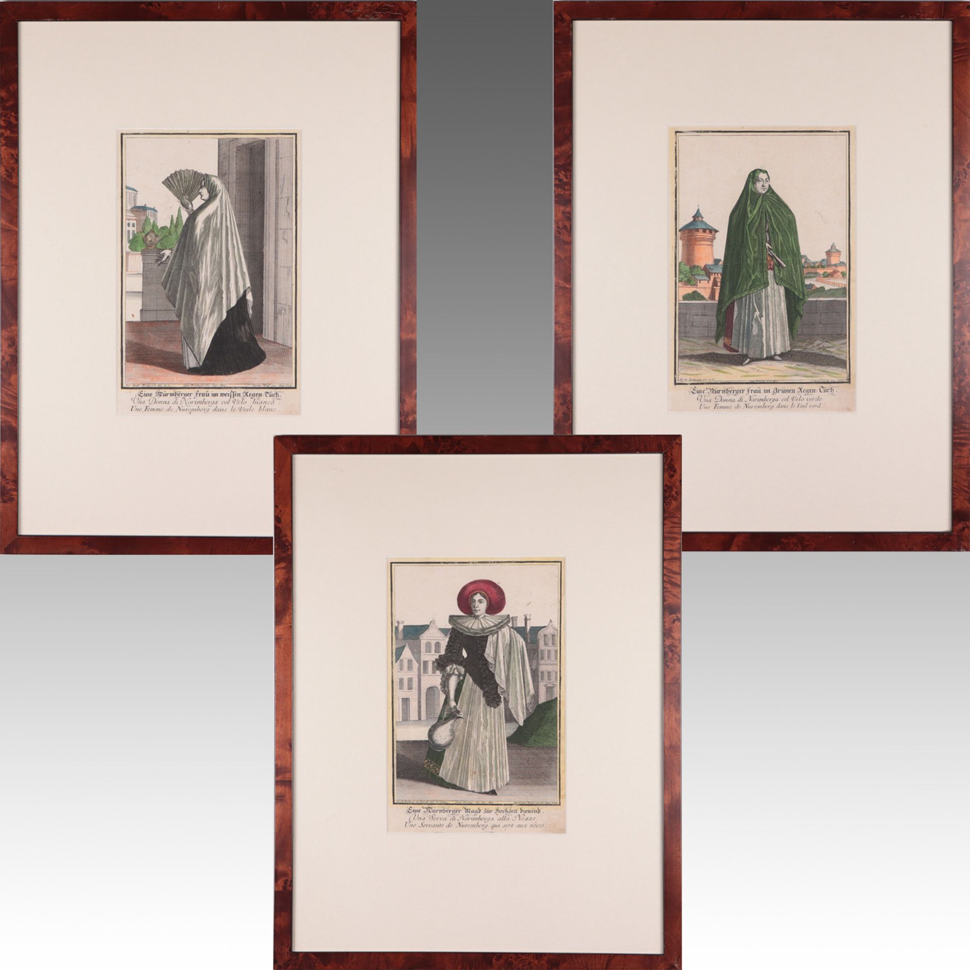 Nürnberger Trachten - 3 Stück 3 St. bestehend aus: 1x "Eine Nürnberger Frau im weißen Regen-Tuch",