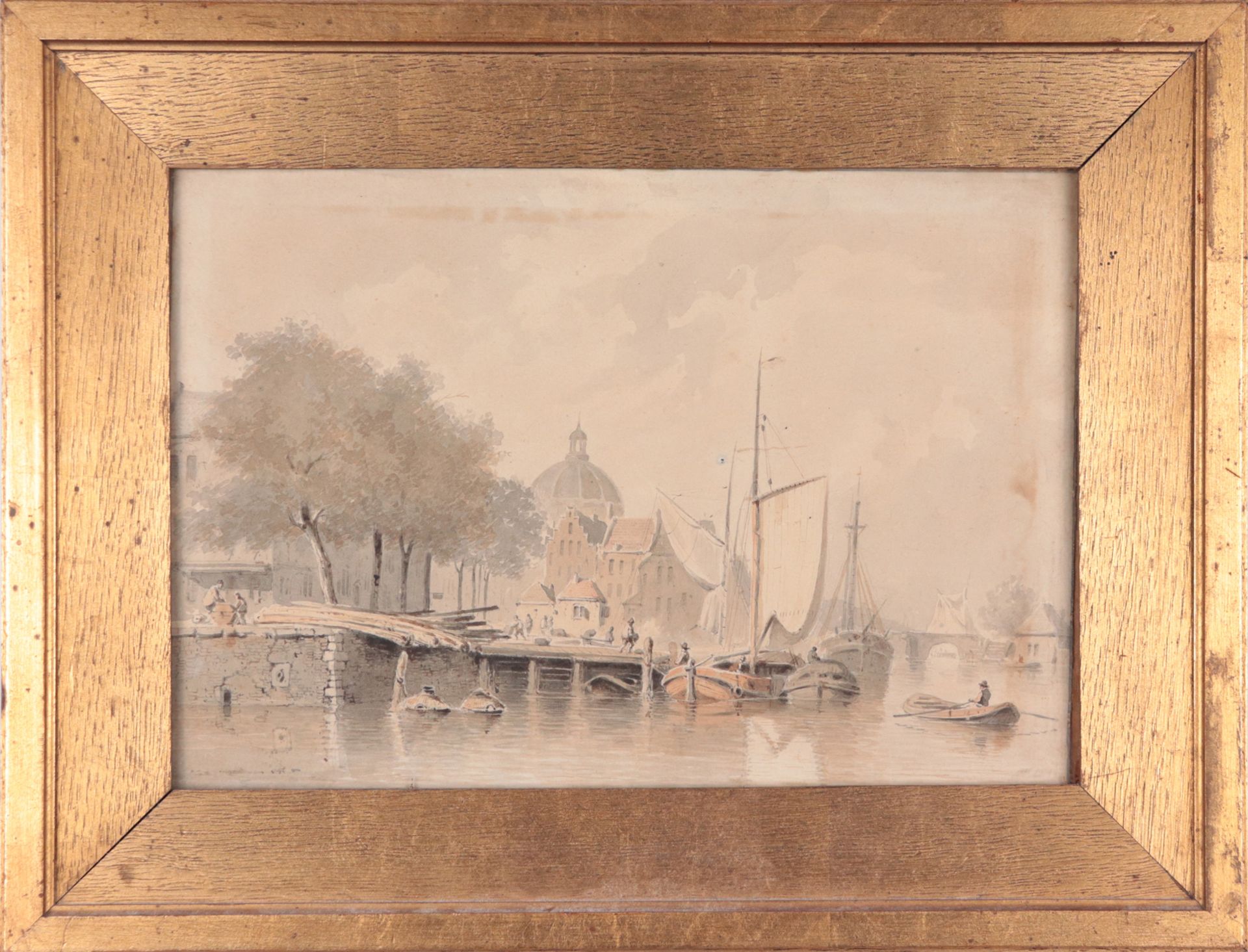 Unleserlich signiert 1.H.19. Jh., niederländischer Künstler, "Amsterdamer Hafen", Tu