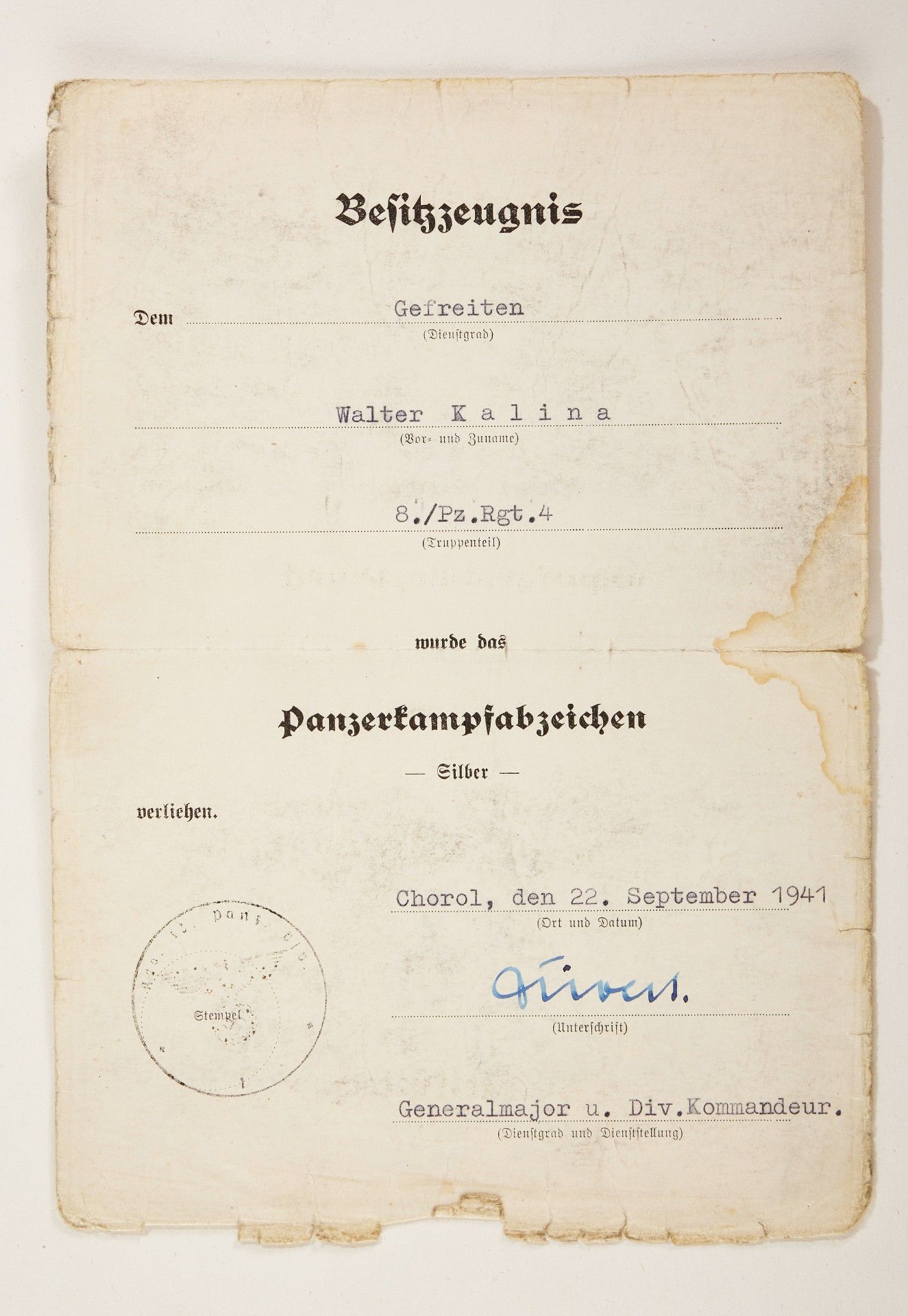 1933-1945: Dokumentennachlass des Unteroffiziers Walter Kalina, 8./Pz.Rgt.4 - Image 2 of 6