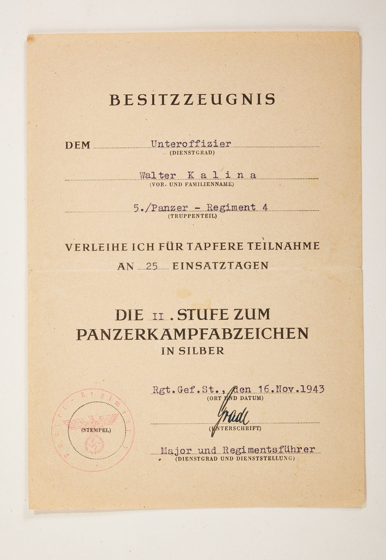 1933-1945: Dokumentennachlass des Unteroffiziers Walter Kalina, 8./Pz.Rgt.4