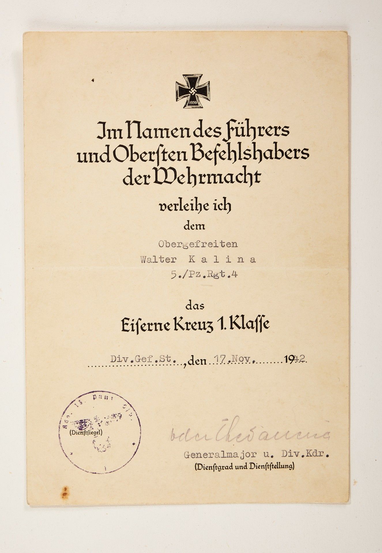 1933-1945: Dokumentennachlass des Unteroffiziers Walter Kalina, 8./Pz.Rgt.4 - Image 3 of 6