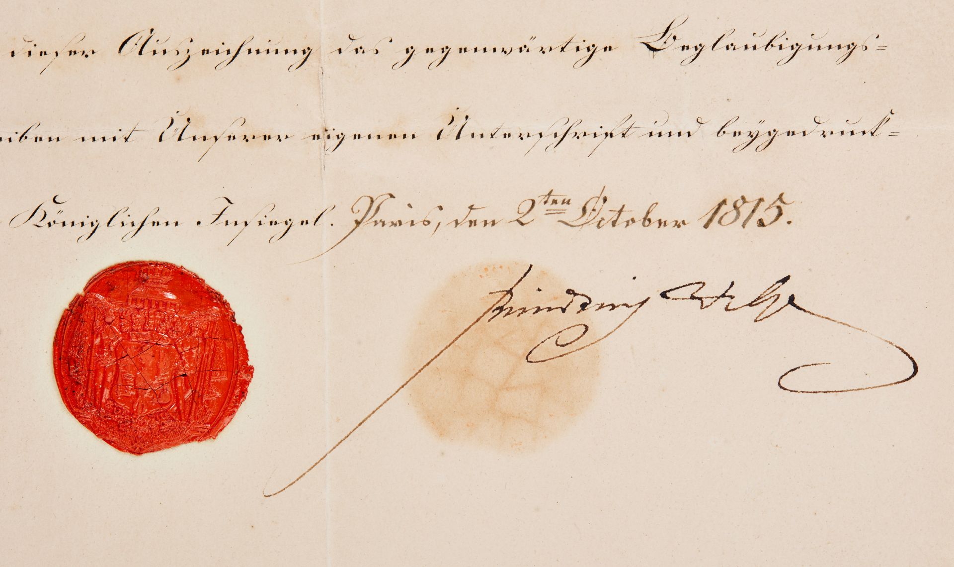 Verleihungsurkunde zum Eisernen Kreuz 1. Klasse, 1813, an den Premier - Lieutenant Blumenthal vo... - Bild 2 aus 2