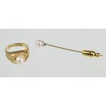 Akoya Perl Ring und Nadel GG 585punziert Gelbgold 585 (14 Karat), Nadel mit Punzresten