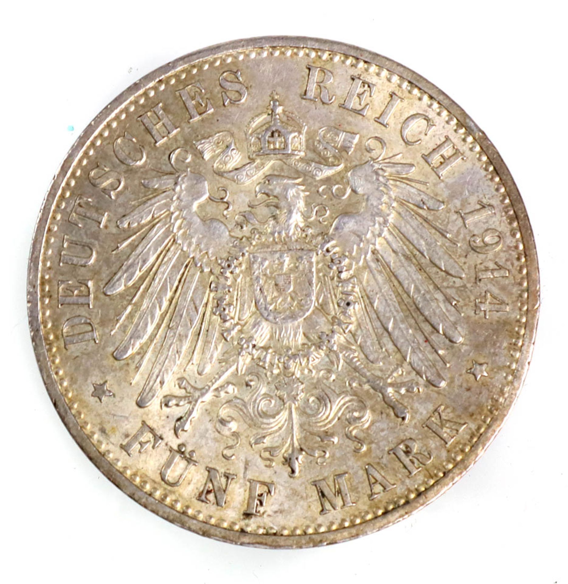 5 Mark Wilhelm II Preussen 1914 ASilbermünze Fünf Mark Deutsches Reich 1914, so um g - Image 2 of 2