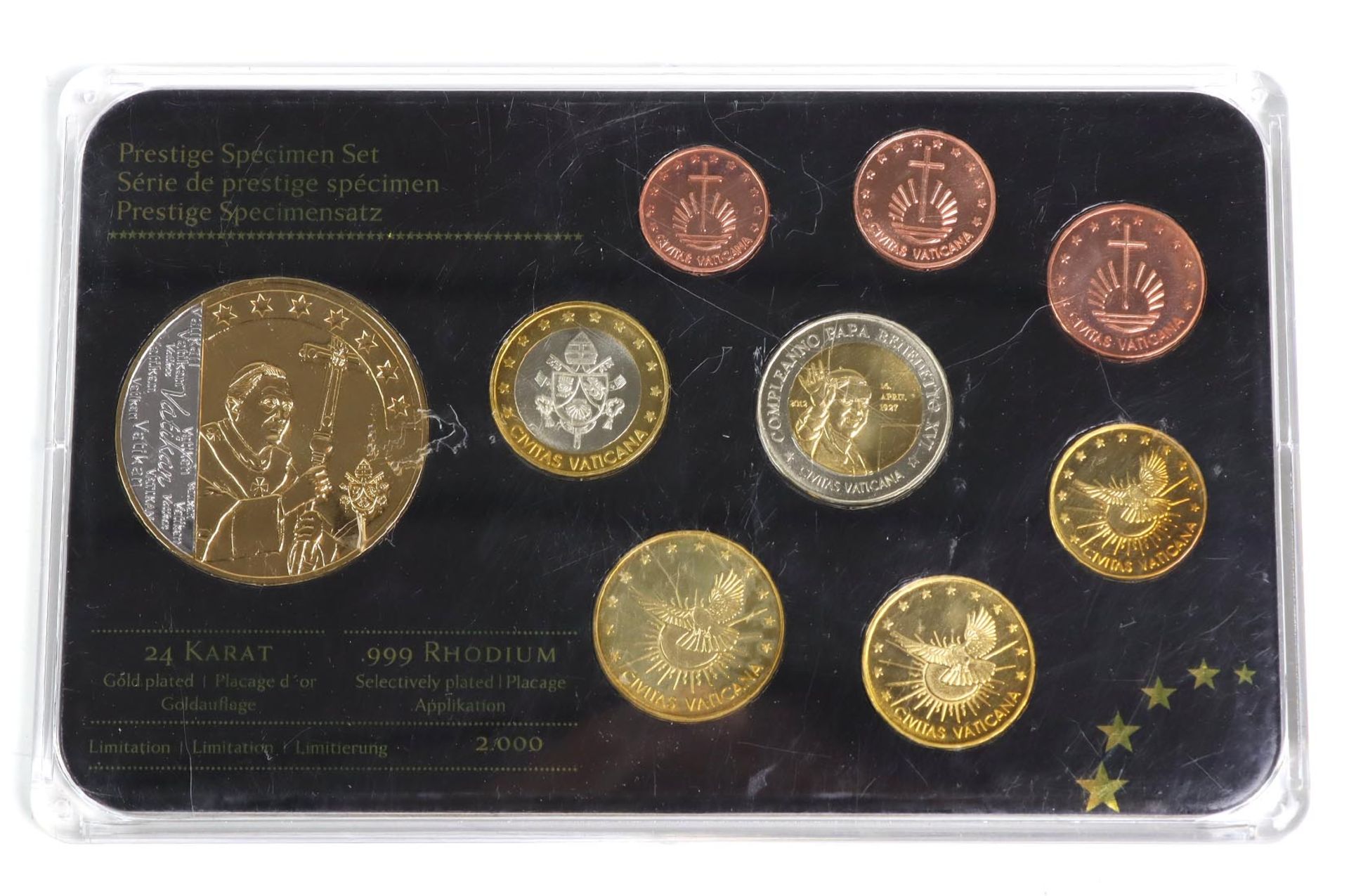 Eurosatz VatikanPrestige Specimen Set, 24 Karat vergoldetes 999 Rhodium, 9 Stück in O