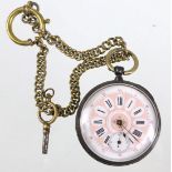 Schlüssel Taschenuhr 1870/80rundes mit Gravurresten verziertes Silbergehäuse, Punzre